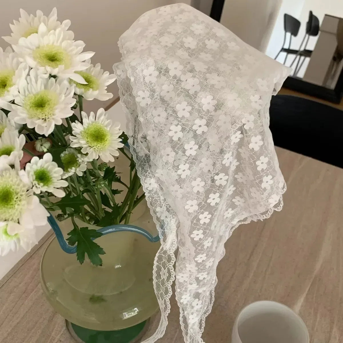 Elegant Lace Triangle Scarf for Women White Sweet Floral Design Breathable Thin Ribbon Artistic Style for Travel Photos Peaceful Pleasures Health and Wellness
