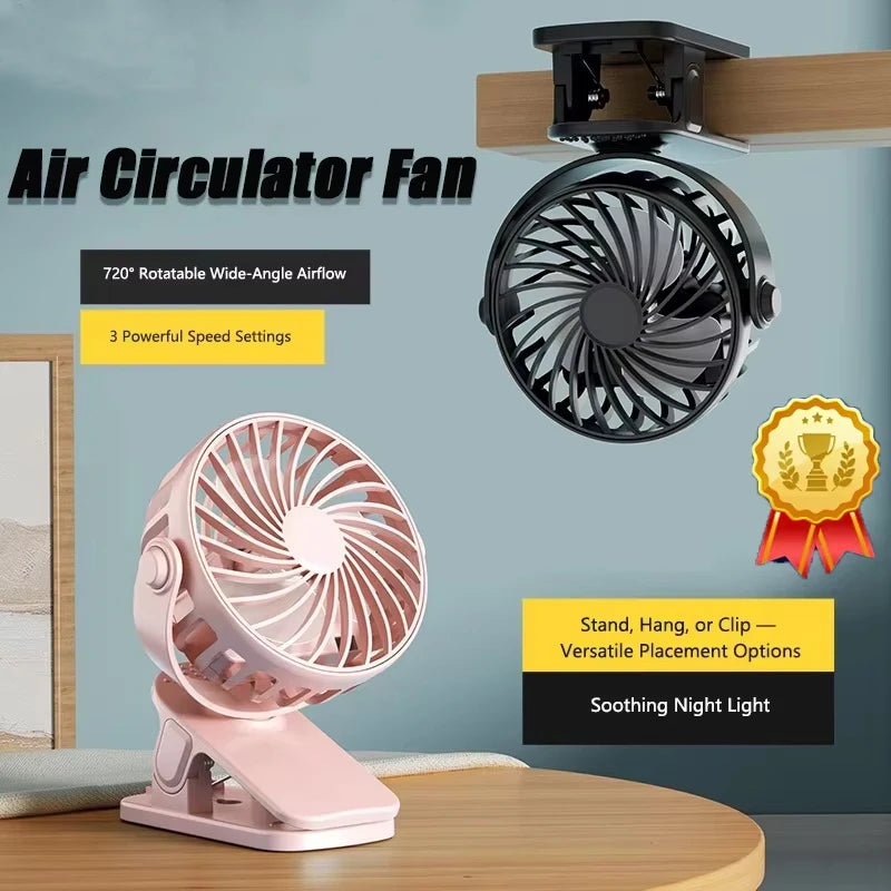 Portable Electric Fan 720° Rotating Hanging Clip Fan With Night Light Rechargeable Air Cooler For Outdoor Camping Fan Peaceful Pleasures Health and Wellness