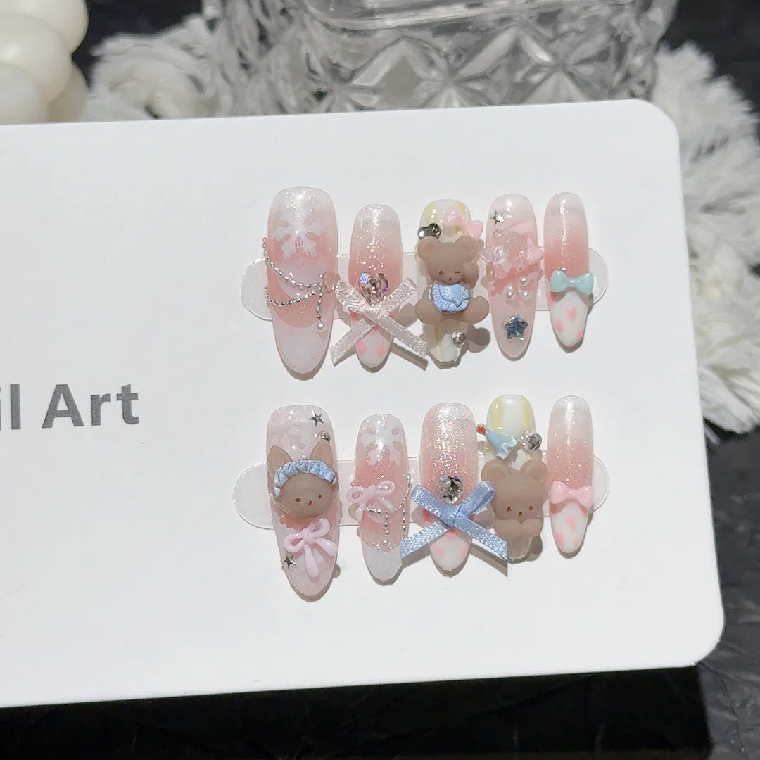 10pcs French Press-On Nails – Pink Bow & Pearl Design