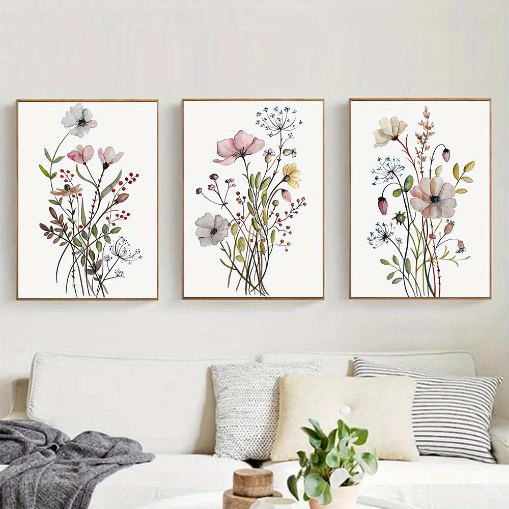3-Piece Watercolor Wildflower Canvas Wall Art | Nordic Botanical