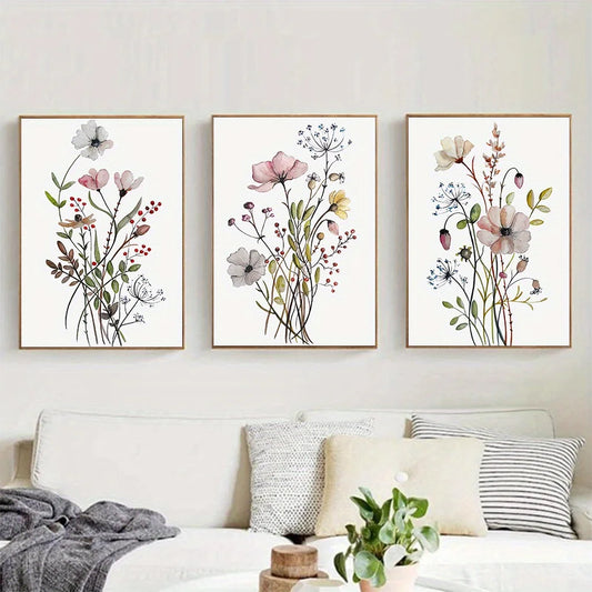 3-Piece Watercolor Wildflower Canvas Wall Art | Nordic Botanical Canvas Wall Art Set Peaceful Pleasures Health and Wellness