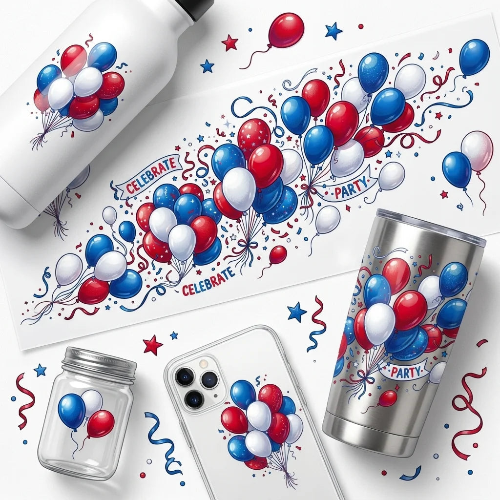 Patriotic Red White Blue Balloon UV DTF Sticker | 16oz Cup Decal