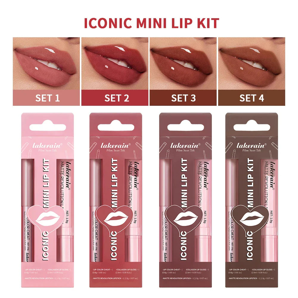 Lakerain 3-Piece Mini Lip Kit – Liner, Lipstick & Gloss Set