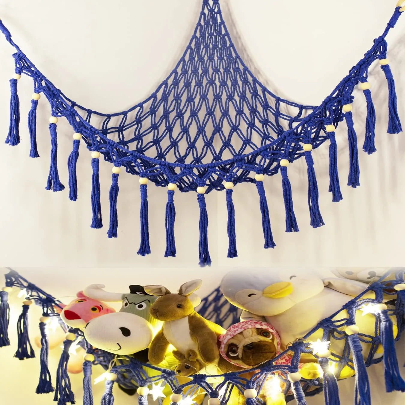 Corner Mounted Toy Storage Net Handwoven Cotton String Triangle Pouch Plush Doll Hammock Kids Room Organizer Peaceful Pleasures Health and Wellness Blue 100x100x120