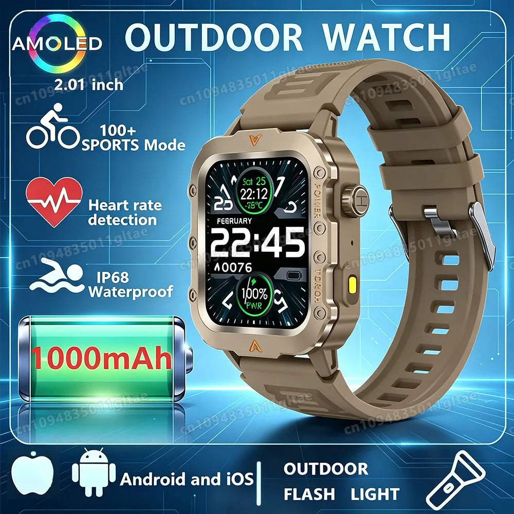 2026 New Military Outdoor Smart Watch Men's GPS Flashlight Bluetooth Call 2.01" AMOLED Screen 3ATM Waterproof Sports Smartwatch Peaceful Pleasures Health and Wellness Brown 1 Smartwatch