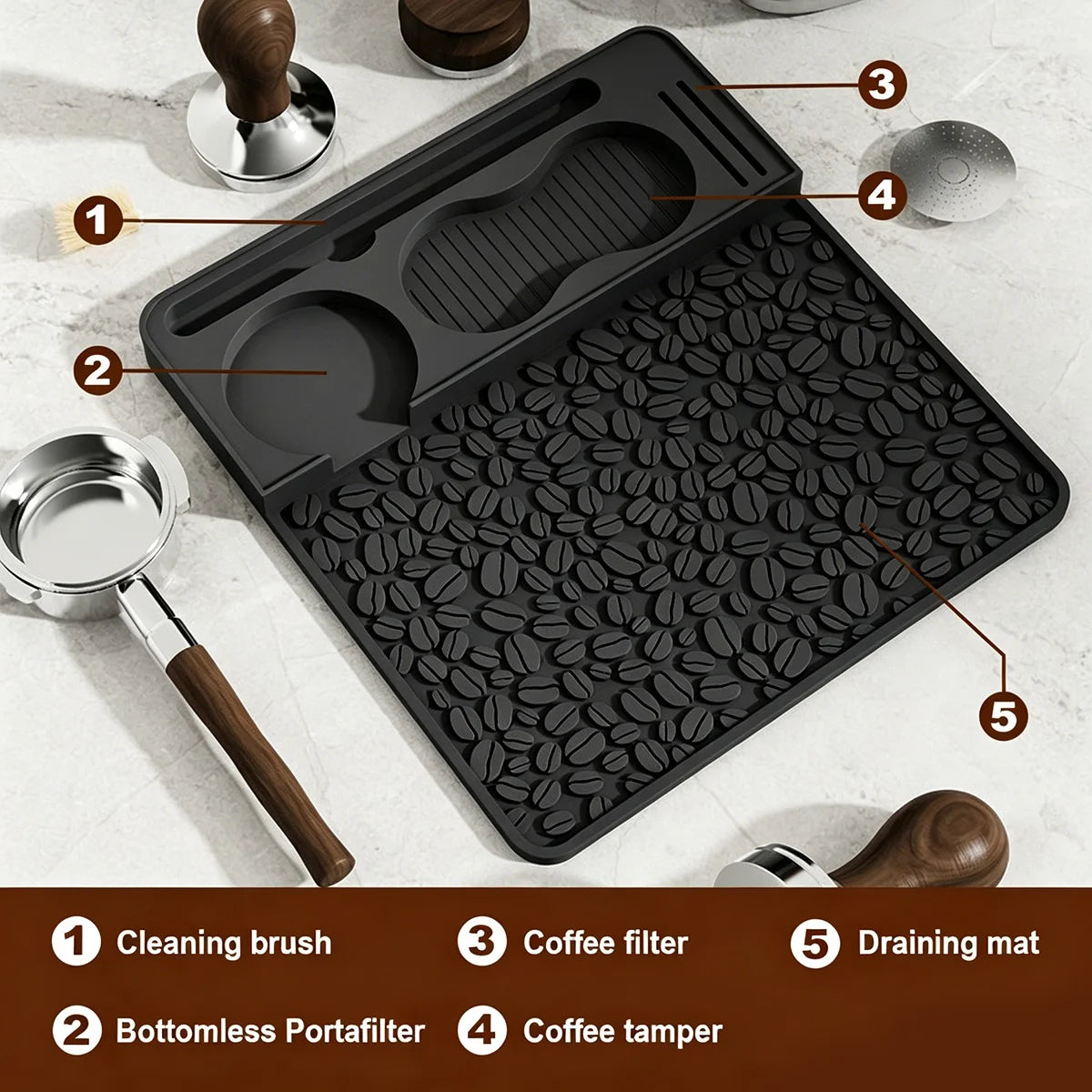 Espresso Tamping Mat, Compatible with Portafilters, Professional Silicone Barista Station with Tool Slots, Heat Resistant Mat Peaceful Pleasures Health and Wellness