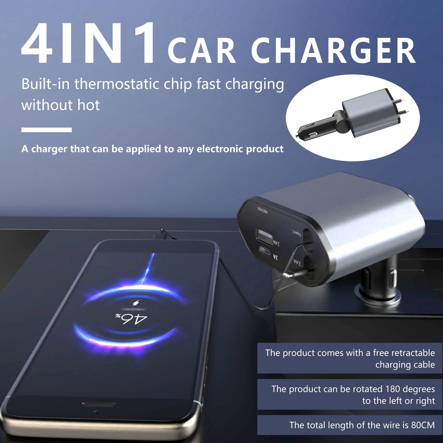 4-in-1 PD 30W Retractable Car Fast Charger | USB-C Lightning