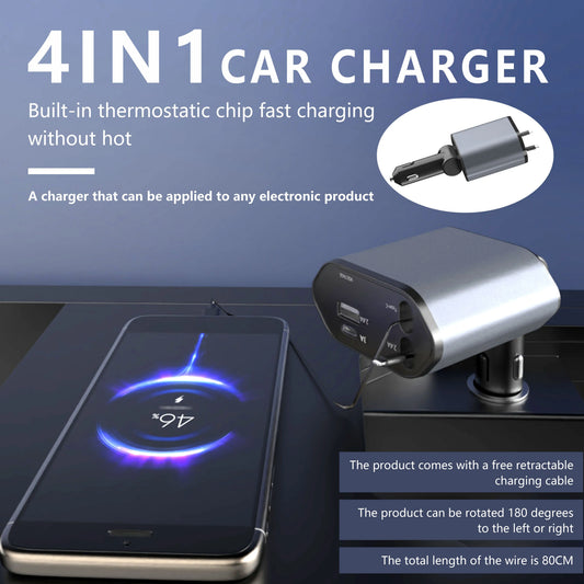4-in-1 PD 30W Retractable Car Fast Charger | USB-C Lightning Car Fast Charger Peaceful Pleasures Health and Wellness