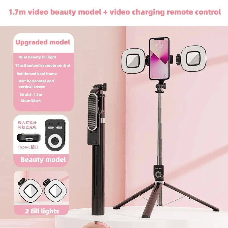 Selfie Stick Tripod 360°/180° Rotating Selfie Stick Phone Holder with Wireless Bluetooth Remote Extendable Tripod Selfie Stick Peaceful Pleasures Health and Wellness Black 2 lights P87-TC