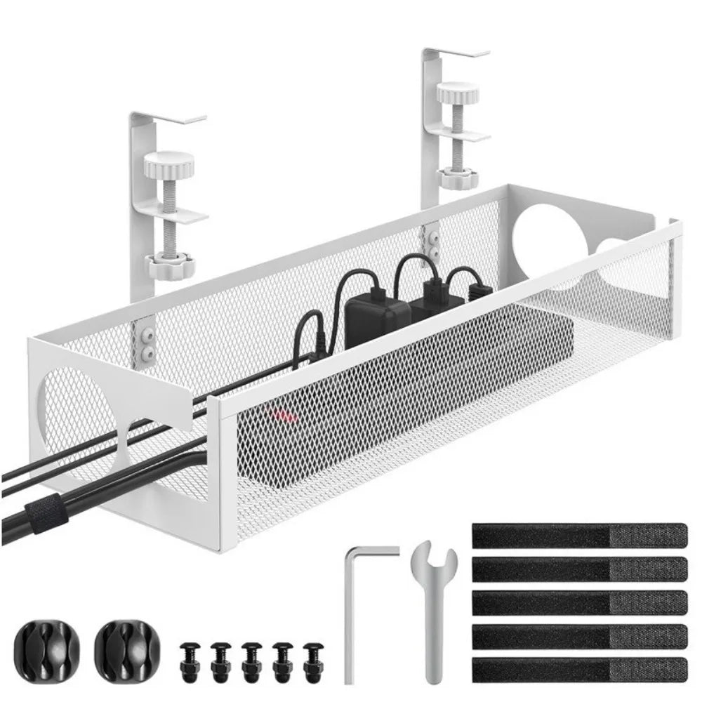 Carbon Steel Under Desk Wire Management Tray Space Saving No Drilling Data Wire Storage Rack with Clamp Metal Cable Tray Peaceful Pleasures Health and Wellness White