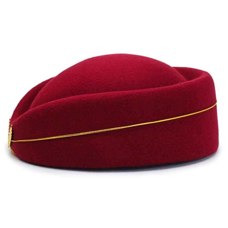 Flight Attendant Hat Woolen Beret Women British Performance Hotel Reception Korean Version Fashion Elegant Top Hats Band Hat Peaceful Pleasures Health and Wellness Wine Red