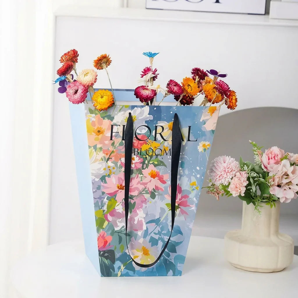 Trapezoid Flower Carrying Bag | Printed Floral Cardboard Gift Bag