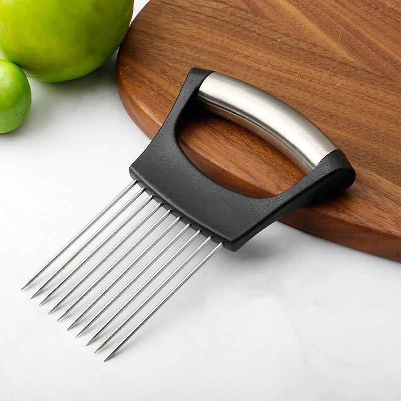 Stainless Steel Onion Cutter Holder Food Slicers Assistant Tomato Onion Slicer Holder Vegetables Cutting Fork Kitchen Gadgets Peaceful Pleasures Health and Wellness