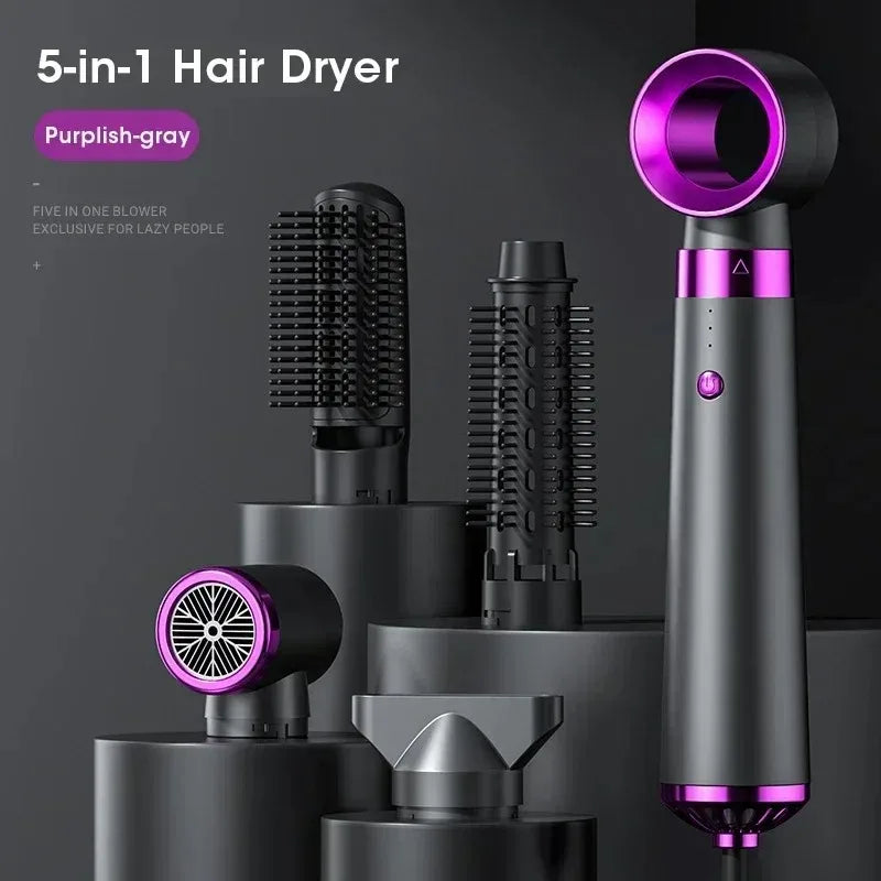 5-in-1 Negative Ion Hair Dryer Styler Straightener Curler Fast Drying Strong Wind 110V/220V for Home Travel Salon Peaceful Pleasures Health and Wellness Grey with Purple