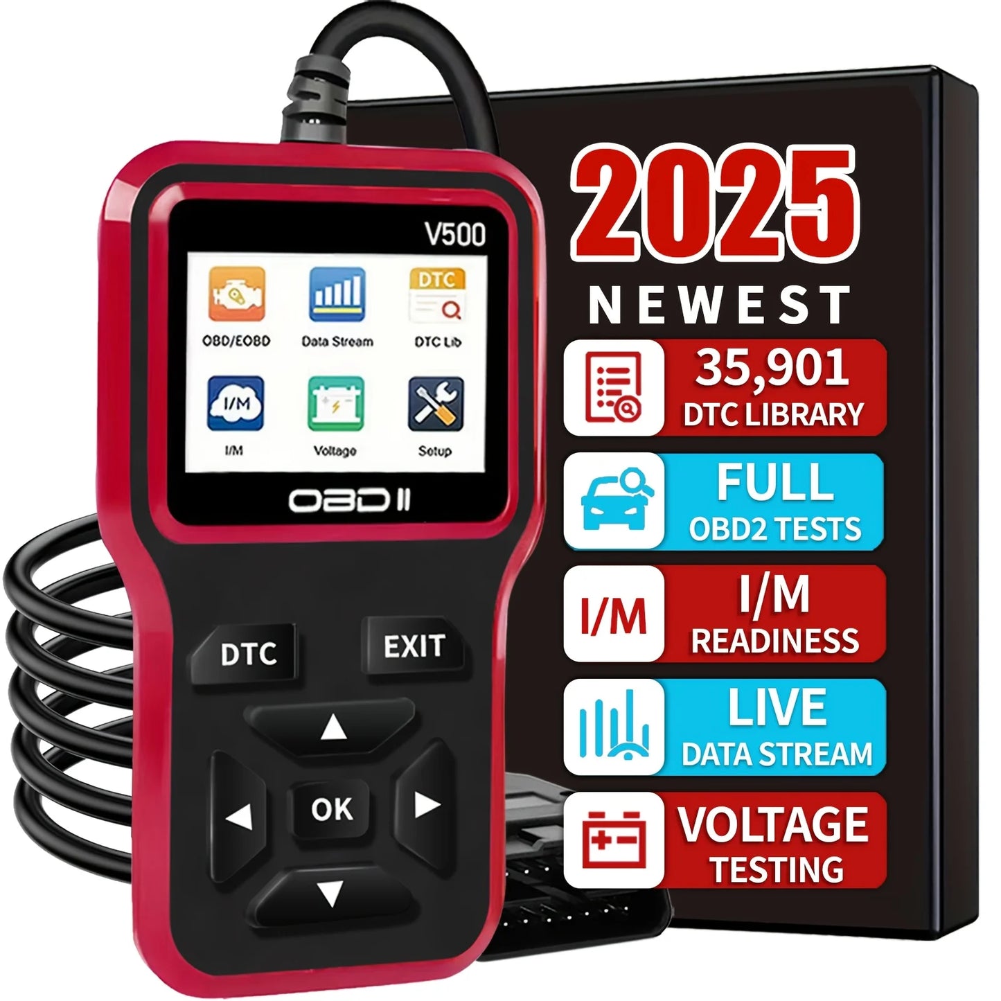 Obd2 Scanner V500 - Car Diagnostic Tool, Fault Code Reader, Voltage Tester, Engine Fault Detector, Compatible with Obdii, No Battery Required Peaceful Pleasures Health and Wellness black