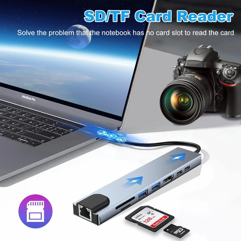 8 in1 USB C HUB 3.0 Type C Splitter 4K Docking Station Laptop Adapter PD SD TF For Macbook Air M1 iPad Pro RJ45 HDMI-Compatible Peaceful Pleasures Health and Wellness