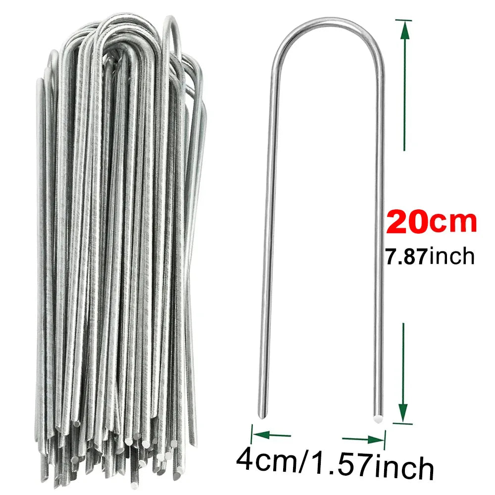 U-type Garden Staples Heavy-duty Fence Tubing Stakes Sod Pins Galvanized Landscape Spike for Holding Lawns Barrier Ground Nail Peaceful Pleasures Health and Wellness 4cmx20cm 50pcs