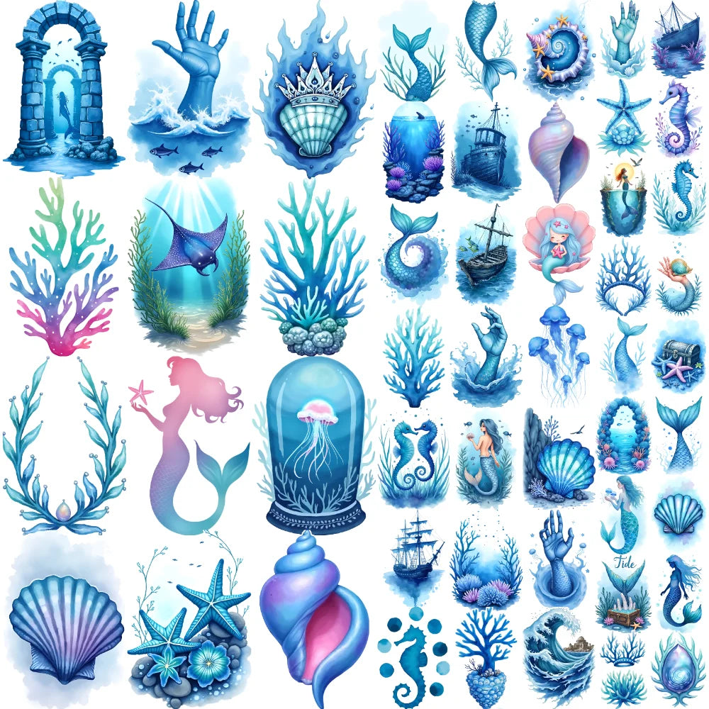 63-Piece Watercolor Ocean Temporary Tattoos – Ships & Seahorses