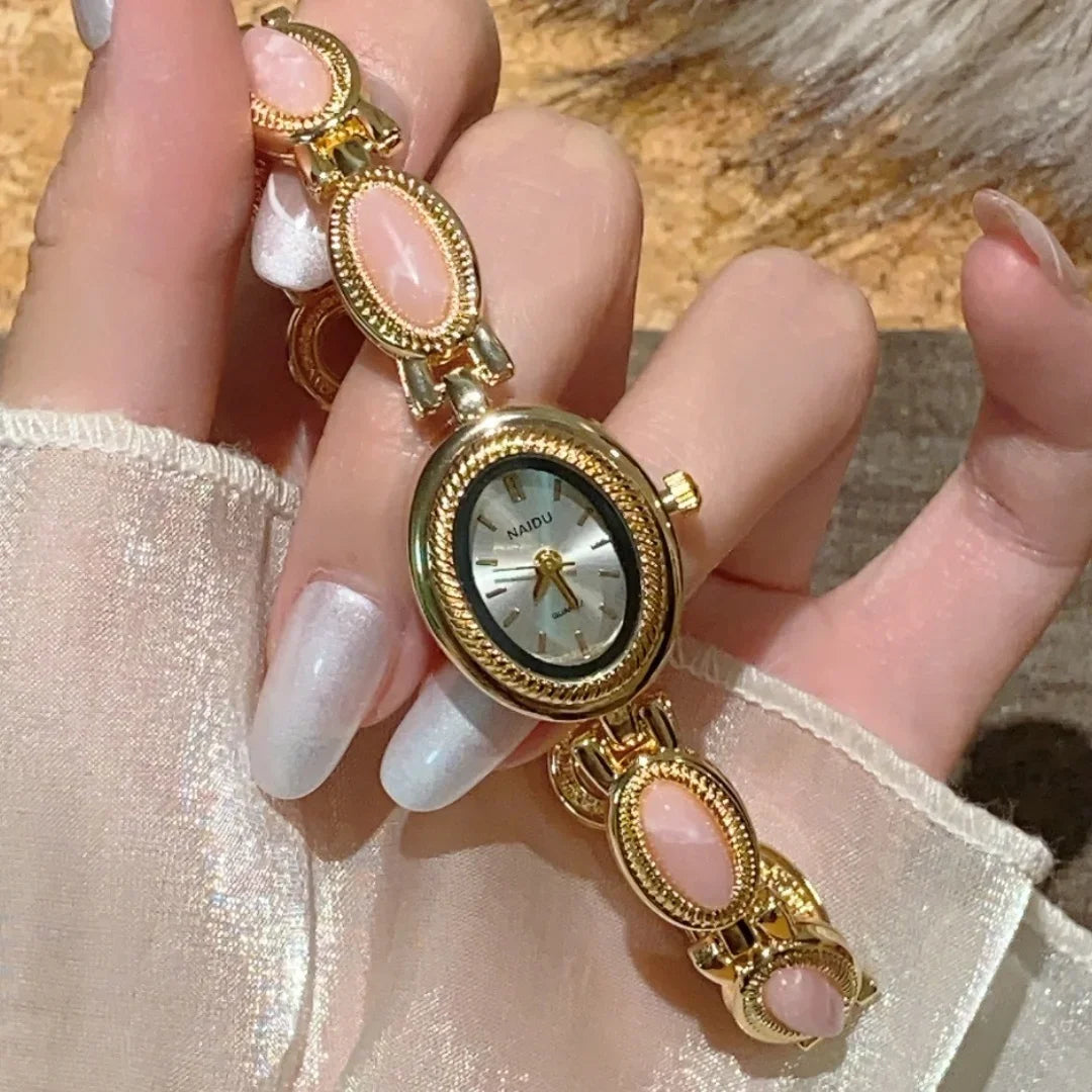 Fashionable Versatile Oval Natural Stone Women Quartz Watch High Quality Gold Quartz Watches Ladies Advanced Chain Wristwatches Peaceful Pleasures Health and Wellness pink stone