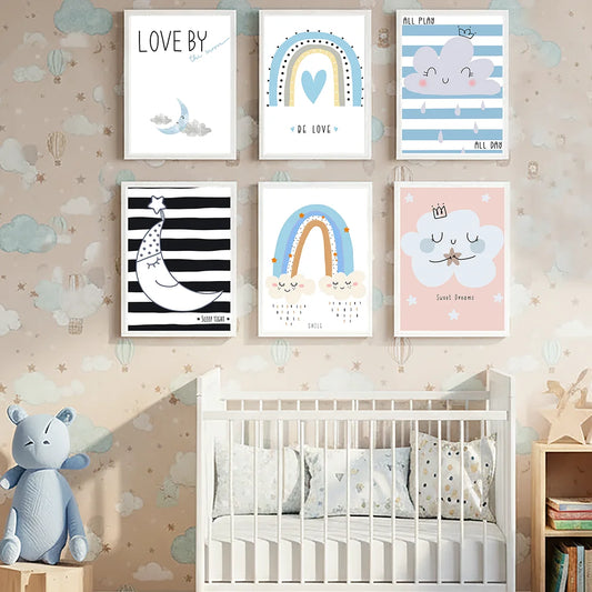 Cute Cartoon Rainbow Cloud Moon Nursery Wall Art Canvas Painting Prints Home Wall Decor Kids Bedroom Baby Room Lovely Art Décor Peaceful Pleasures Health and Wellness