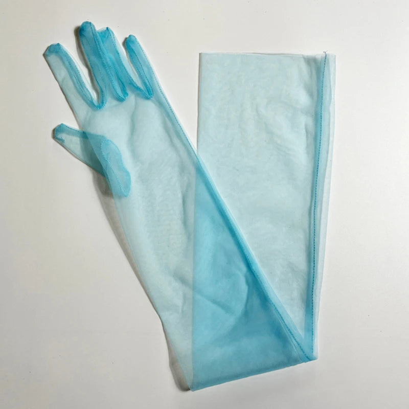 Women Ultra Tulle Gloves Mesh Sheers Full Finger Elbow Long Gloves Female Vintage Sunscreen Gloves Wedding Bride Dress Mittens Peaceful Pleasures Health and Wellness Blue One Size