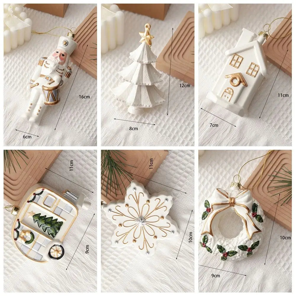 White Christmas Hanging Ornaments – Tree, Soldier & House Baubles
