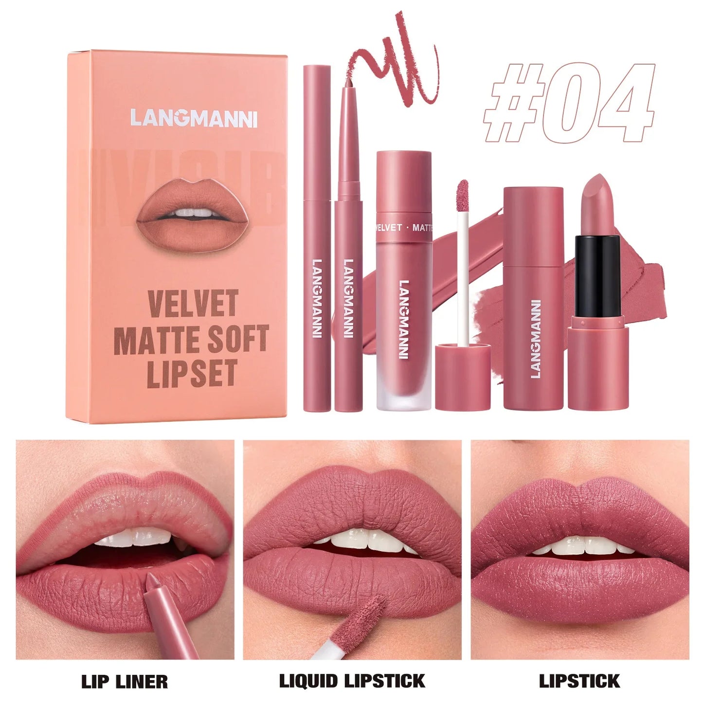 LANGMANNI 3-Piece Matte Lip Kit – Liquid Lipstick & Lipliner