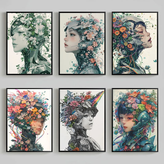 Nordic Robot Girl & Flowers Canvas Wall Art | Modern Poster Print Canvas Wall Art Print Peaceful Pleasures Health and Wellness