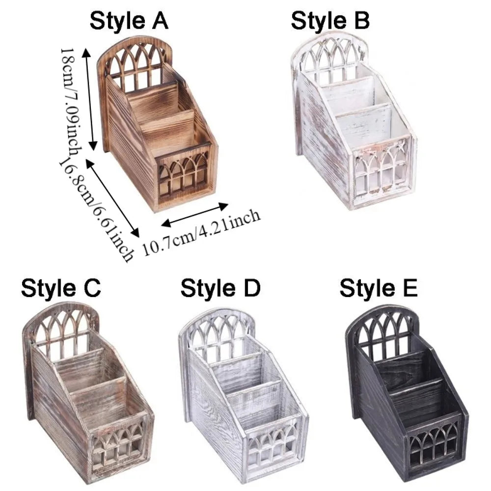 3-Grid Wooden Remote Control Holder | Vintage Desktop Organizer