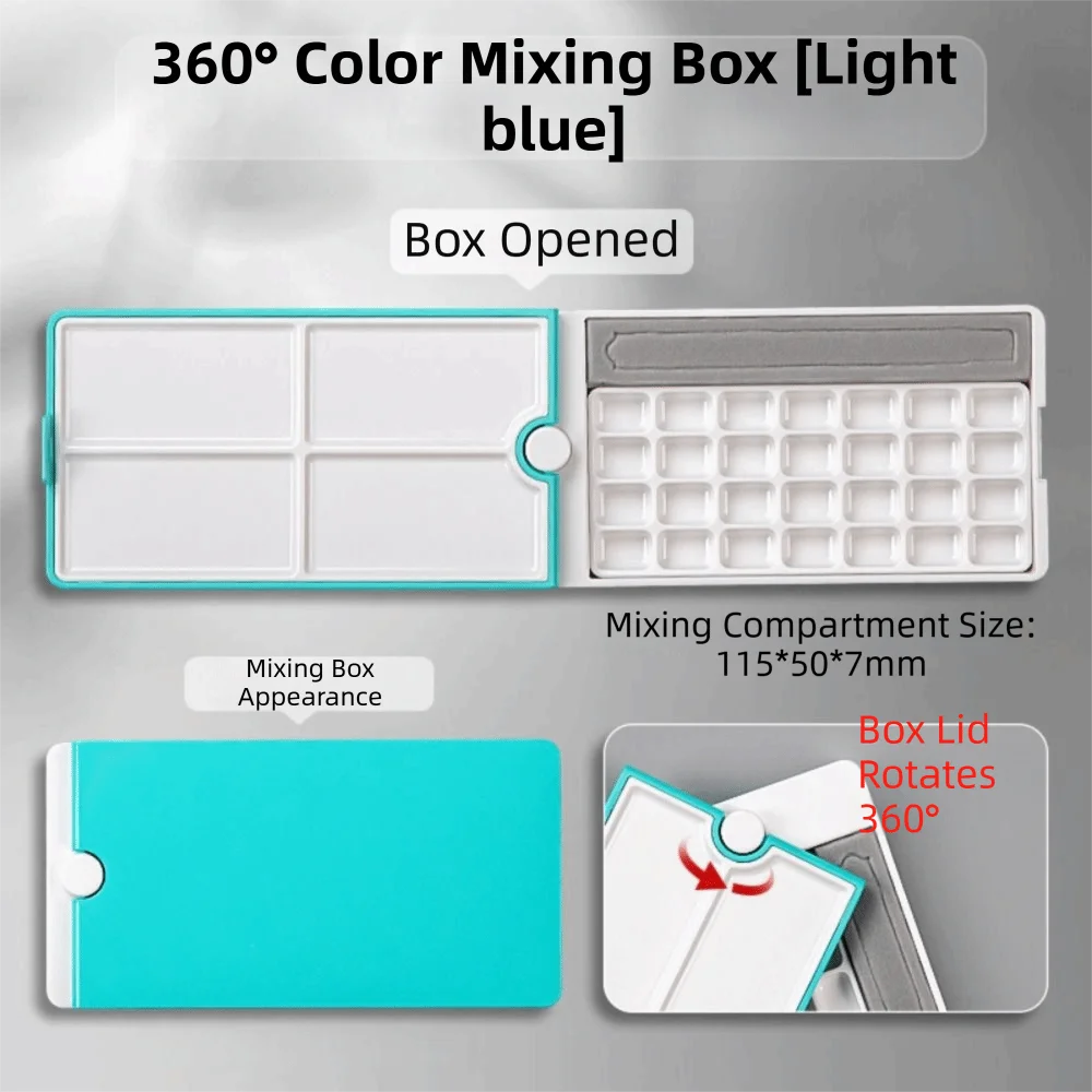 360 Degree Rotatable Watercolor Palette Detachable 28 Grids Paint Box Moisturizing Empty Solid Watercolor Storage Box Peaceful Pleasures Health and Wellness Light blue