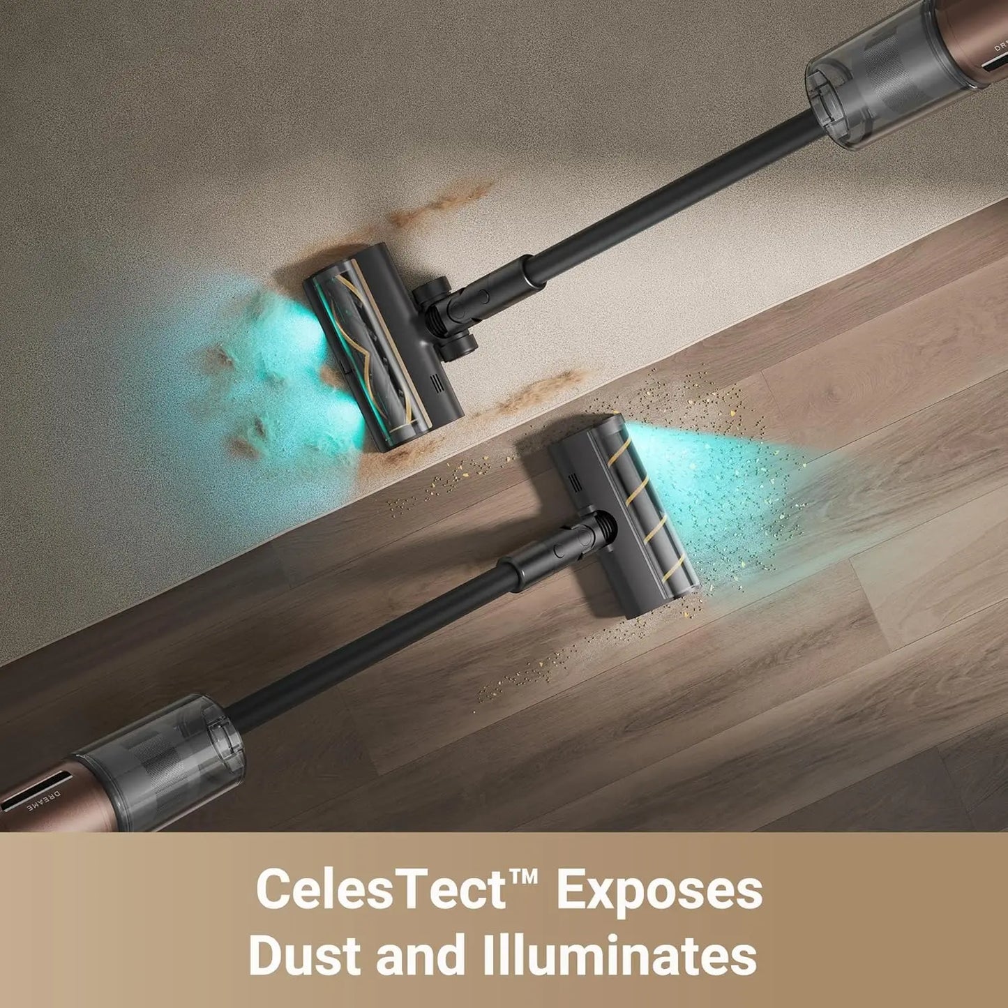 Vacuum cleaning a floor with CelesTect technology highlighting dust and light.