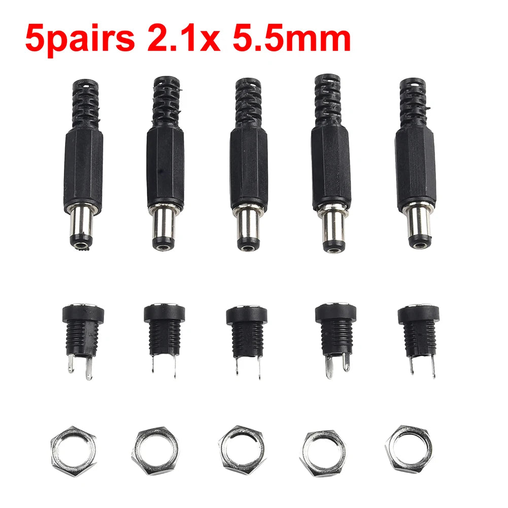 5 Pair 12V Male Female Socket Panel Mount DC Power Connector 5x2