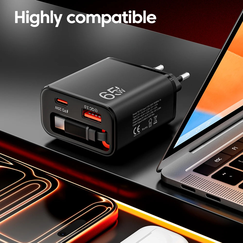 65W GaN Charger 3-Port PD QC3.0 Retractable USB-C Cable