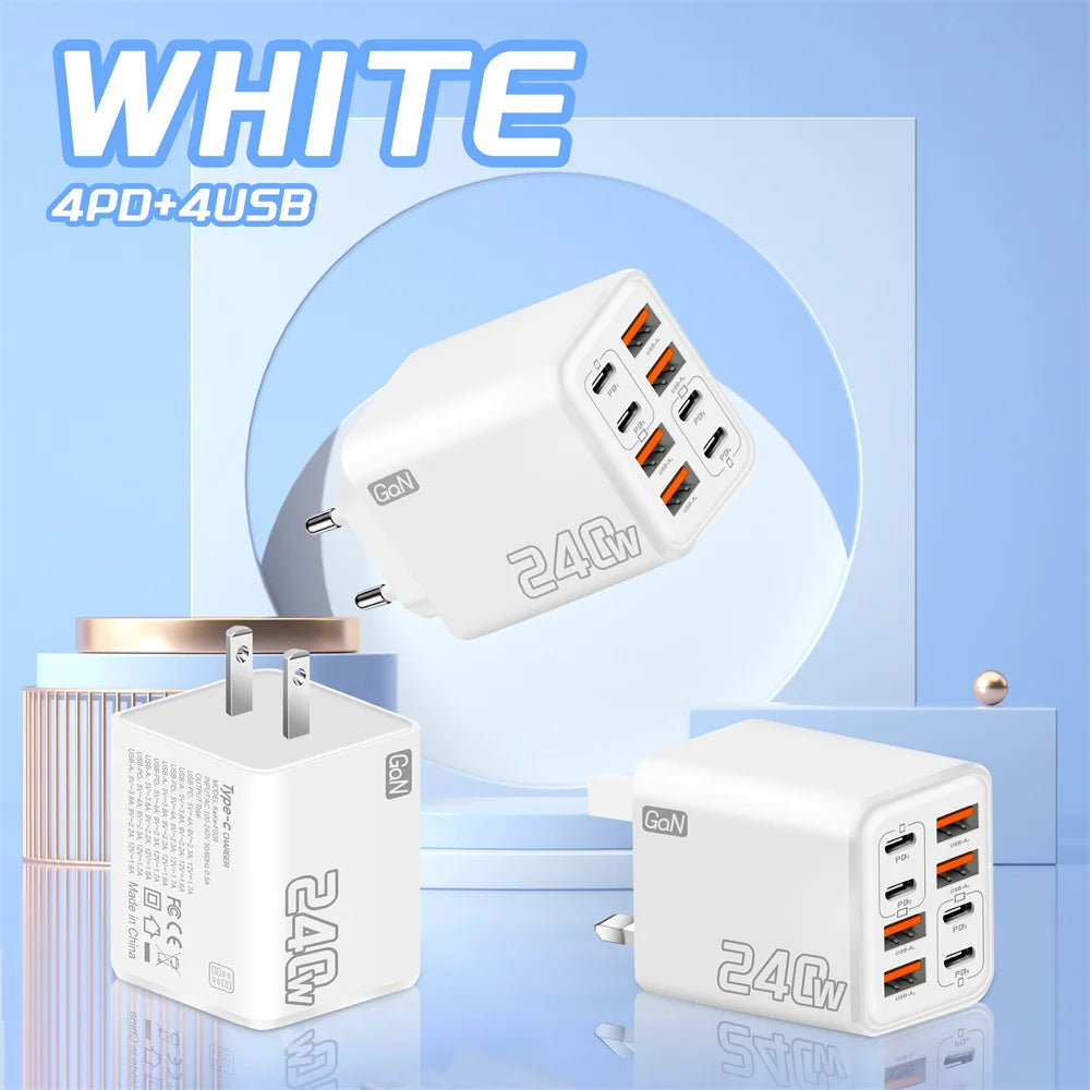 240W GaN 8-Port USB-C PD Fast Charger | QC 3.0 Wall Adapter