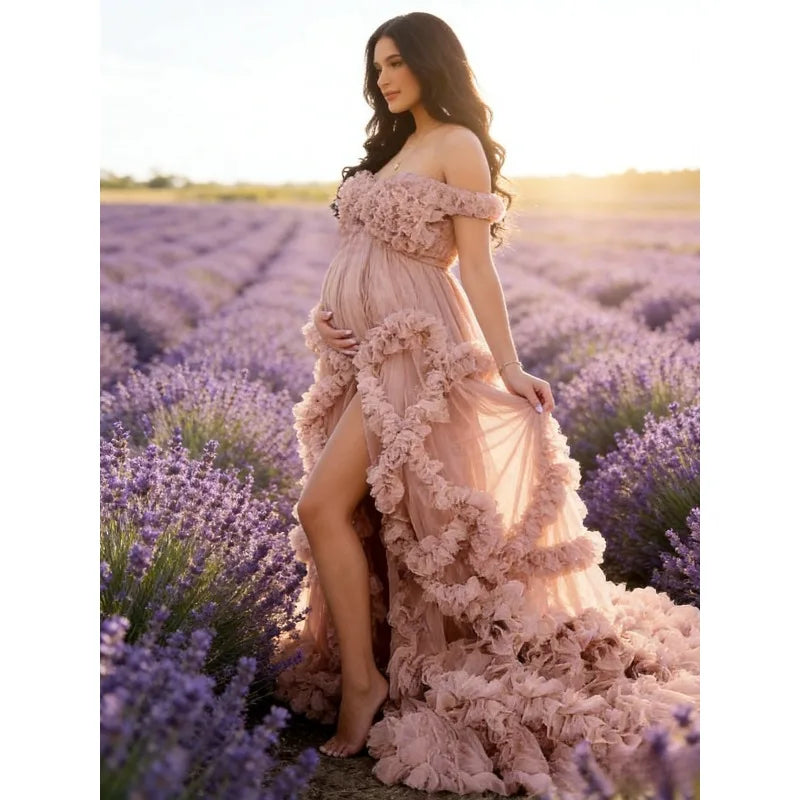 Photoshoot & Baby Shower Tulle Maternity Dress - Off Shoulder, Puffy Ruffles, Elegant Long Robe for Pregnancy Peaceful Pleasures Health and Wellness