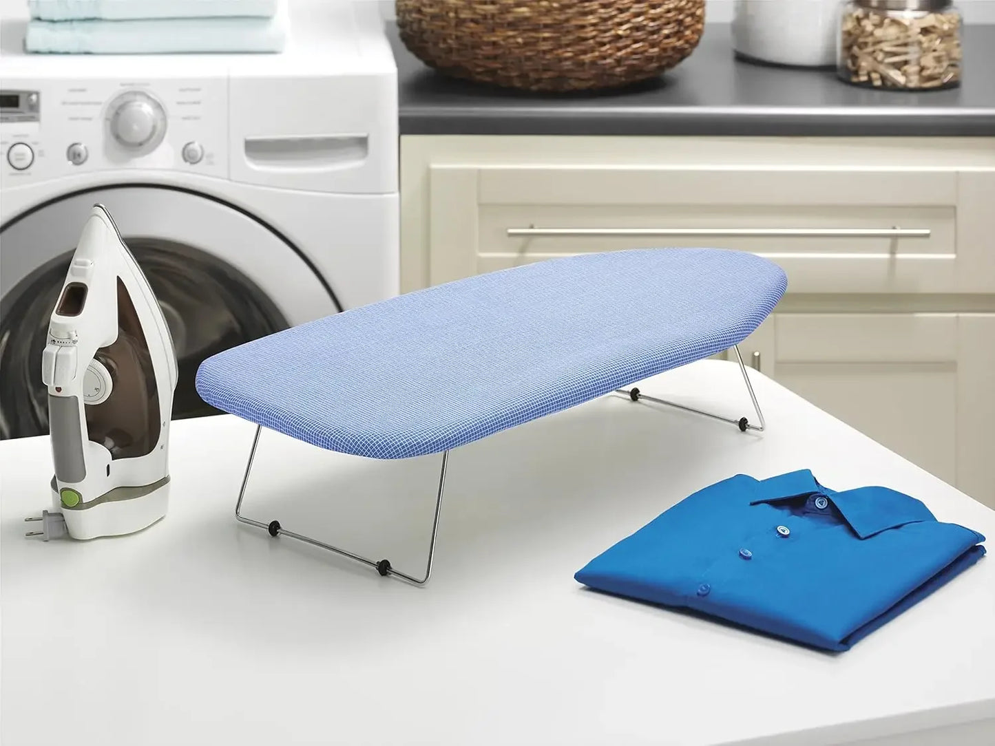 Portable Tabletop Ironing Board with Scorch-Resistant Blue Cover Ironing Accessories Peaceful Pleasures Health and Wellness