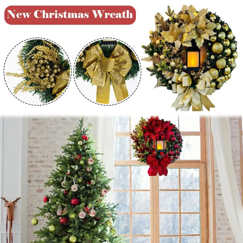 LED Christmas Wreath with Bow & Red Flowers | 40cm Door Decor