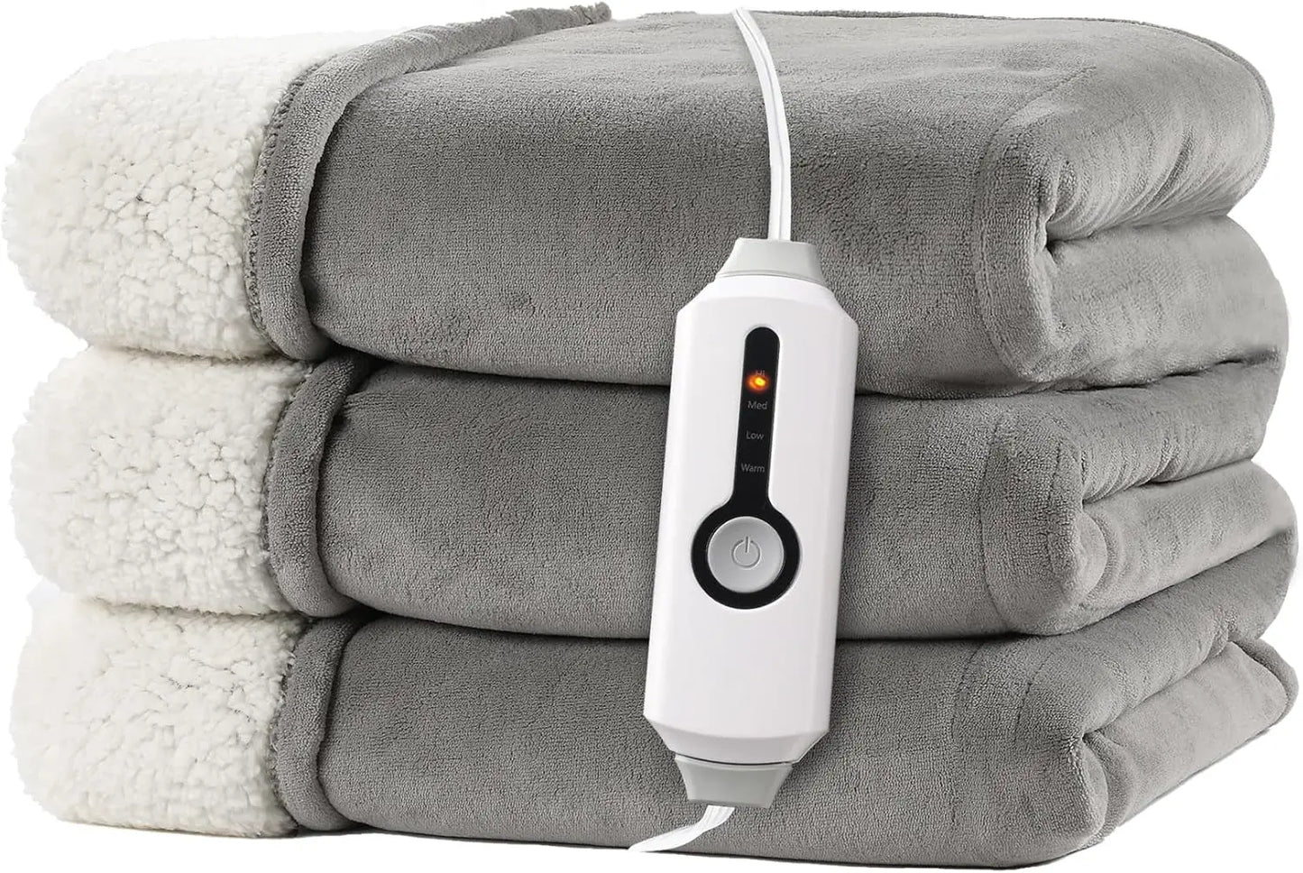 Gray electric blanket with a control unit on top