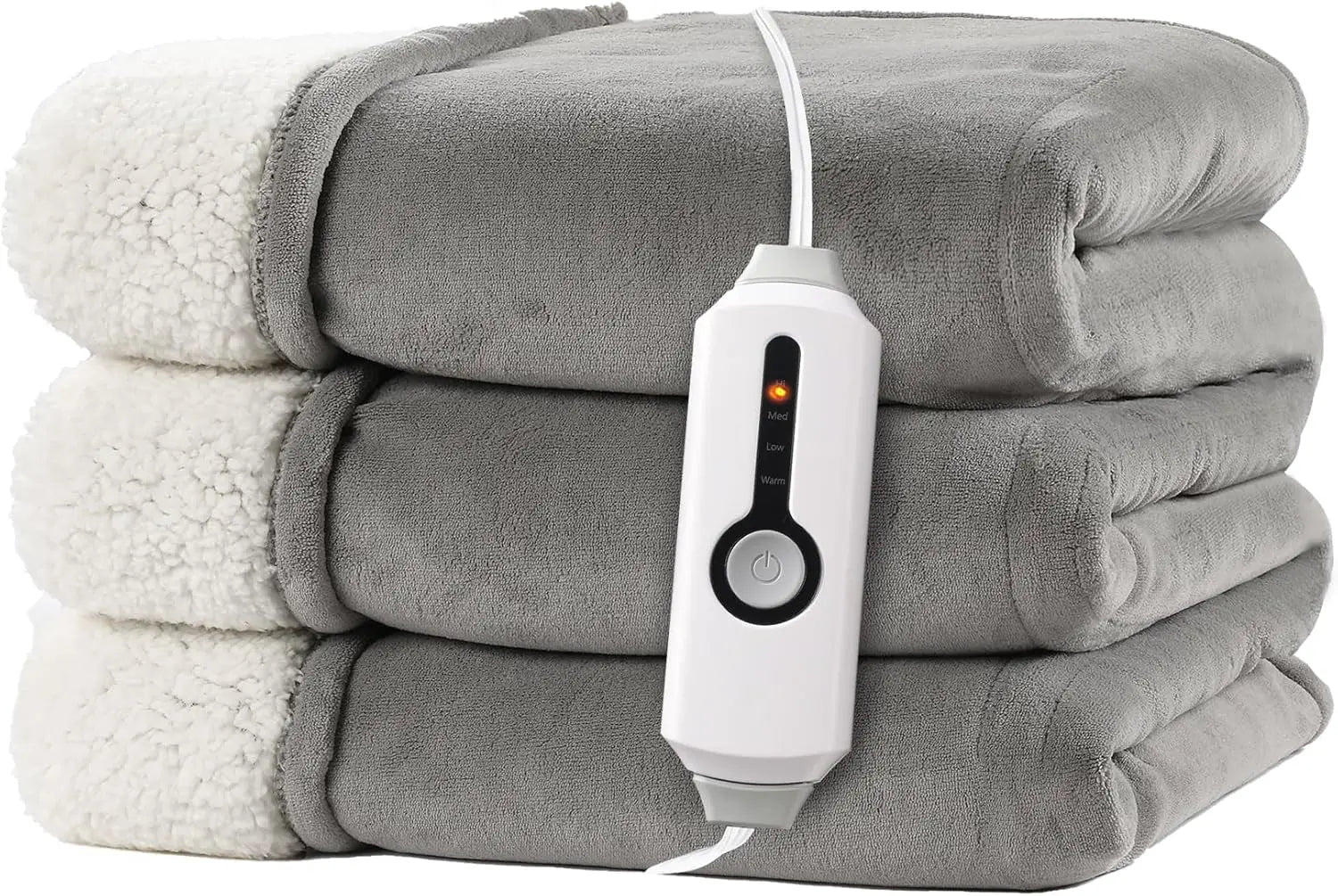 Gray electric blanket with a control unit on top