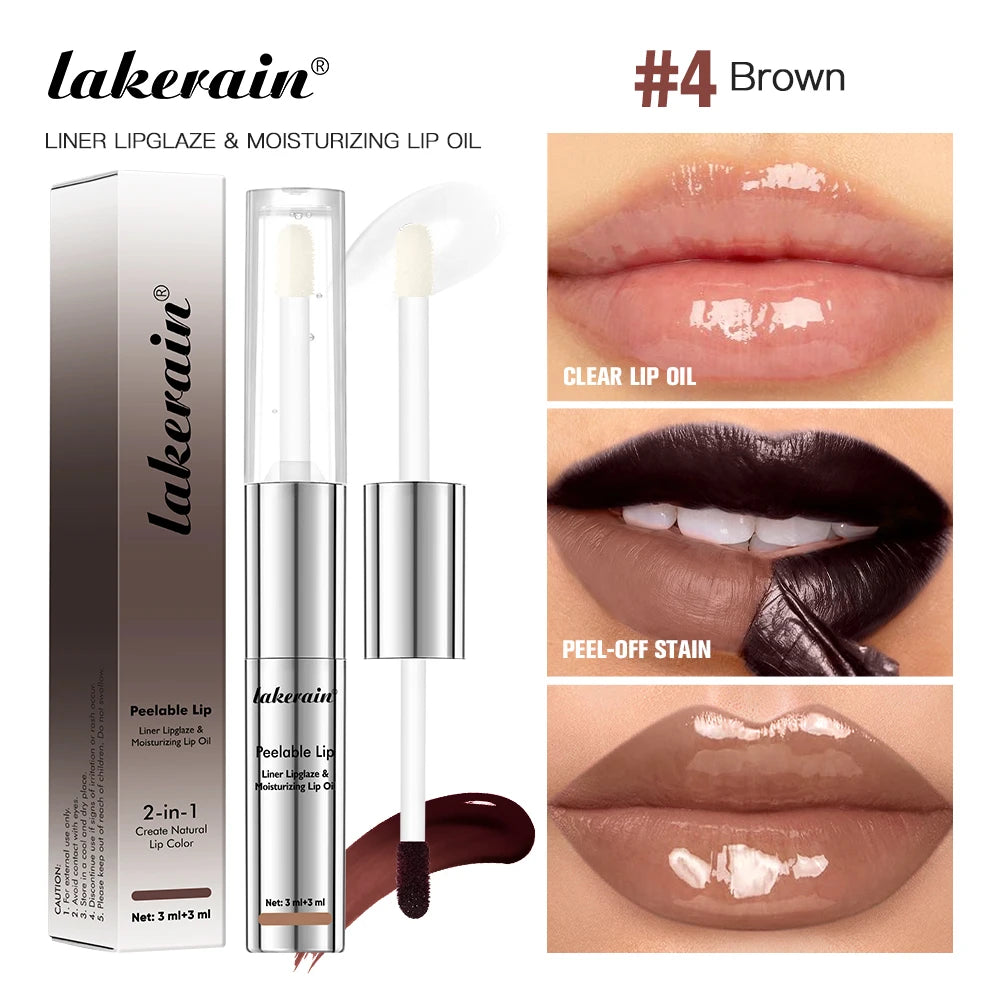 Lakerain 2 In 1 Liner Lipglaze & Moisturizing Lip Oil Peel-off Lip Gloss Deep Hydration Waterproof Soft Lips Dual-head Design Peaceful Pleasures Health and Wellness Brown