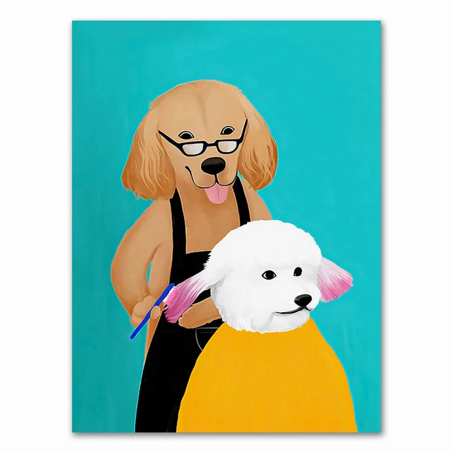 Wall Art Mural Modern Cartoon Cat And Dog Haircut Humor Poster Canvas Painting Hand-Painted Picture Printing Home Room Decor Peaceful Pleasures Health and Wellness 14 50x70cm Unframed