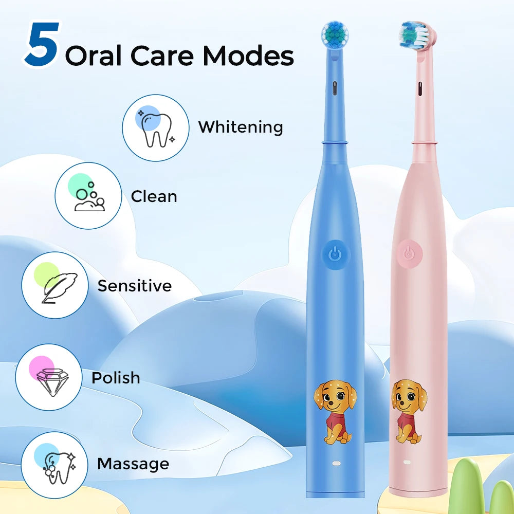 Children's Cartoon Electric Toothbrush with 4 Replacement Heads 5 Cleaning Modes Rotating Smart Rechargeable Auto Tooth Brush Peaceful Pleasures Health and Wellness