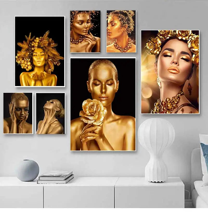 Gold Woman Oil Painting on Canvas Cuadros Posters and Prints Wall Art Picture for Living Room Sexy Nude African Black Peaceful Pleasures Health and Wellness