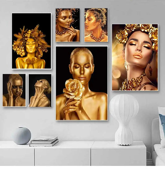 Gold Woman Oil Painting on Canvas Cuadros Posters and Prints Wall Art Picture for Living Room Sexy Nude African Black Peaceful Pleasures Health and Wellness