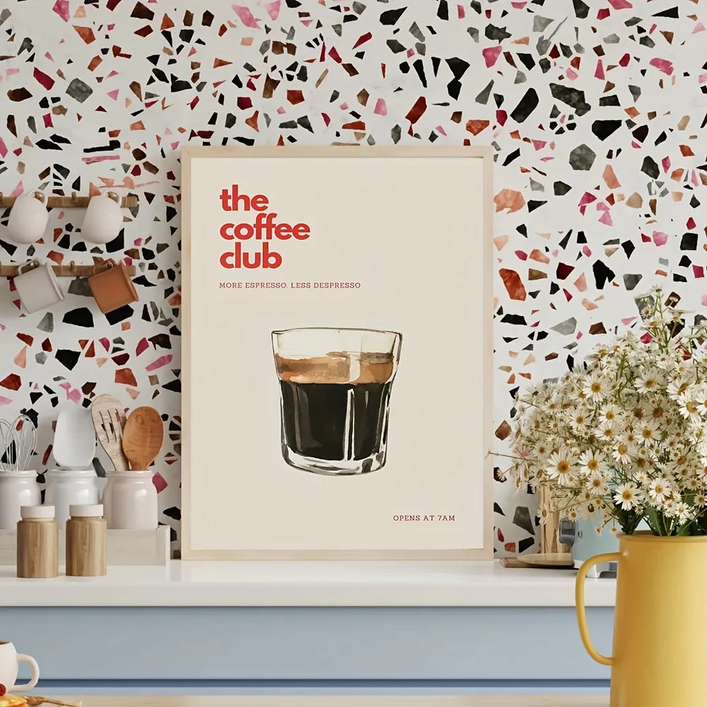 Retro Coffee Club Canvas Print Chic Food Beverage Beige Background Wall Art Posters for Modern Living Room Bedroom Home Decor Peaceful Pleasures Health and Wellness