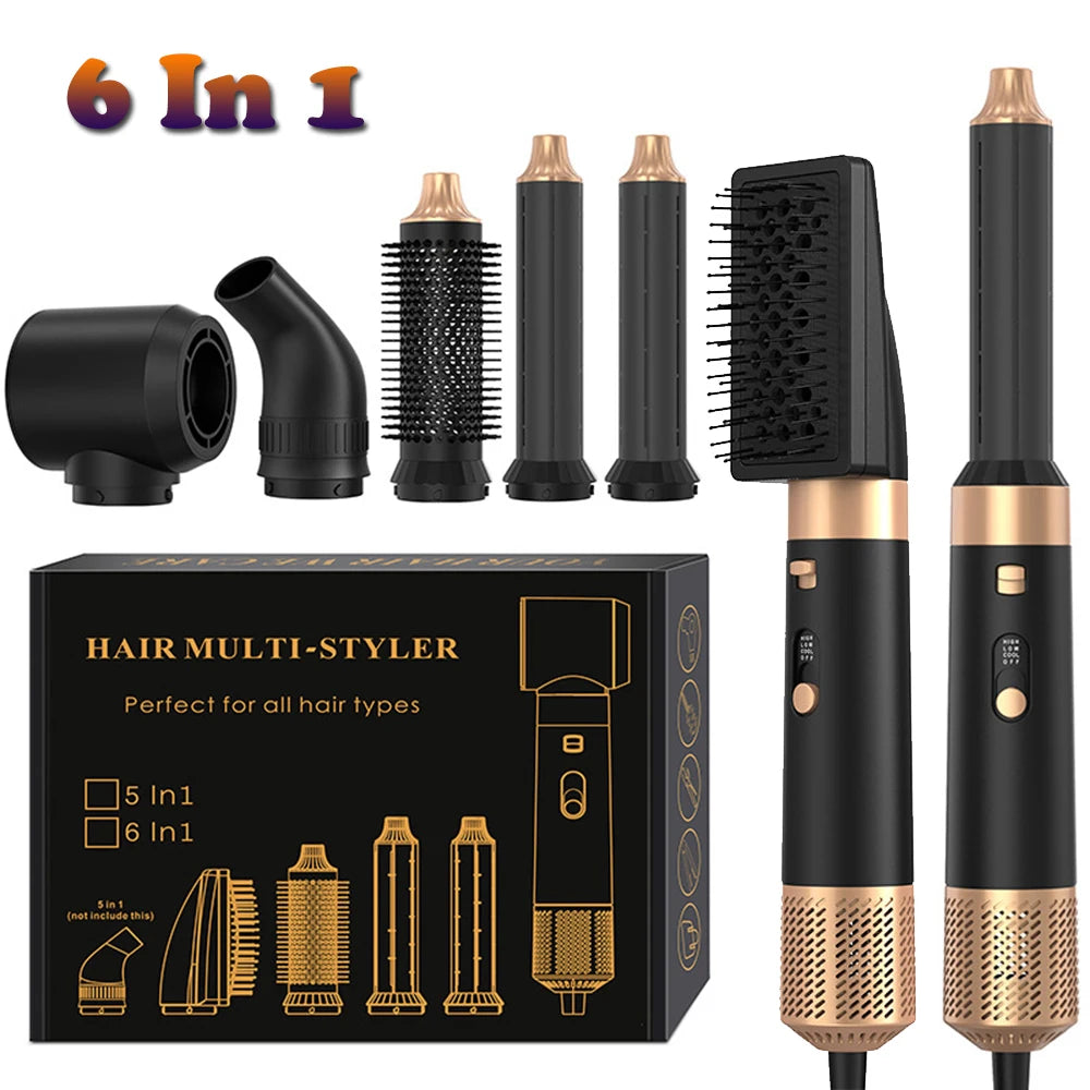 Professional 6 in 1 Hair Dryer Hot Air Comb Multi-Function Hair Styling Blow Dryer Brush Curling Iron Hair Straightener for Home Peaceful Pleasures Health and Wellness black EU
