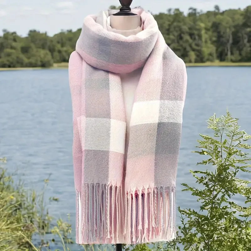 1PC Women's Autumn and Winter New Style, Fresh and Elegant, Imitation Check Pattern Fringe Scarf, Stylish and Versatile, Provide Peaceful Pleasures Health and Wellness Pink One Size