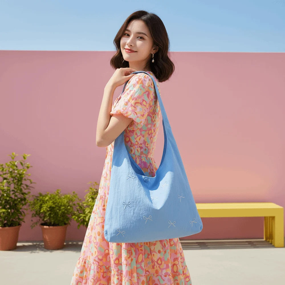 Bowknot Embroidered Canvas Tote Bag | Large Shoulder Handbag Canvas Tote Bag Peaceful Pleasures Health and Wellness