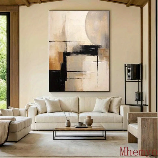 Mhemyo Black & Beige Abstract Canvas Art Decor, Textured Wabi-Sabi Style, Frameless, Modern Home Aesthetics, Textured Canvas Art Peaceful Pleasures Health and Wellness