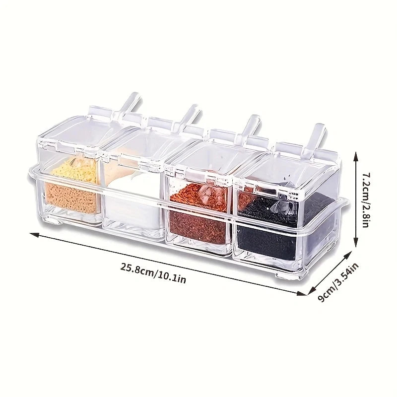 4-Cell Clear Acrylic Spice Box with Lids & Spoons